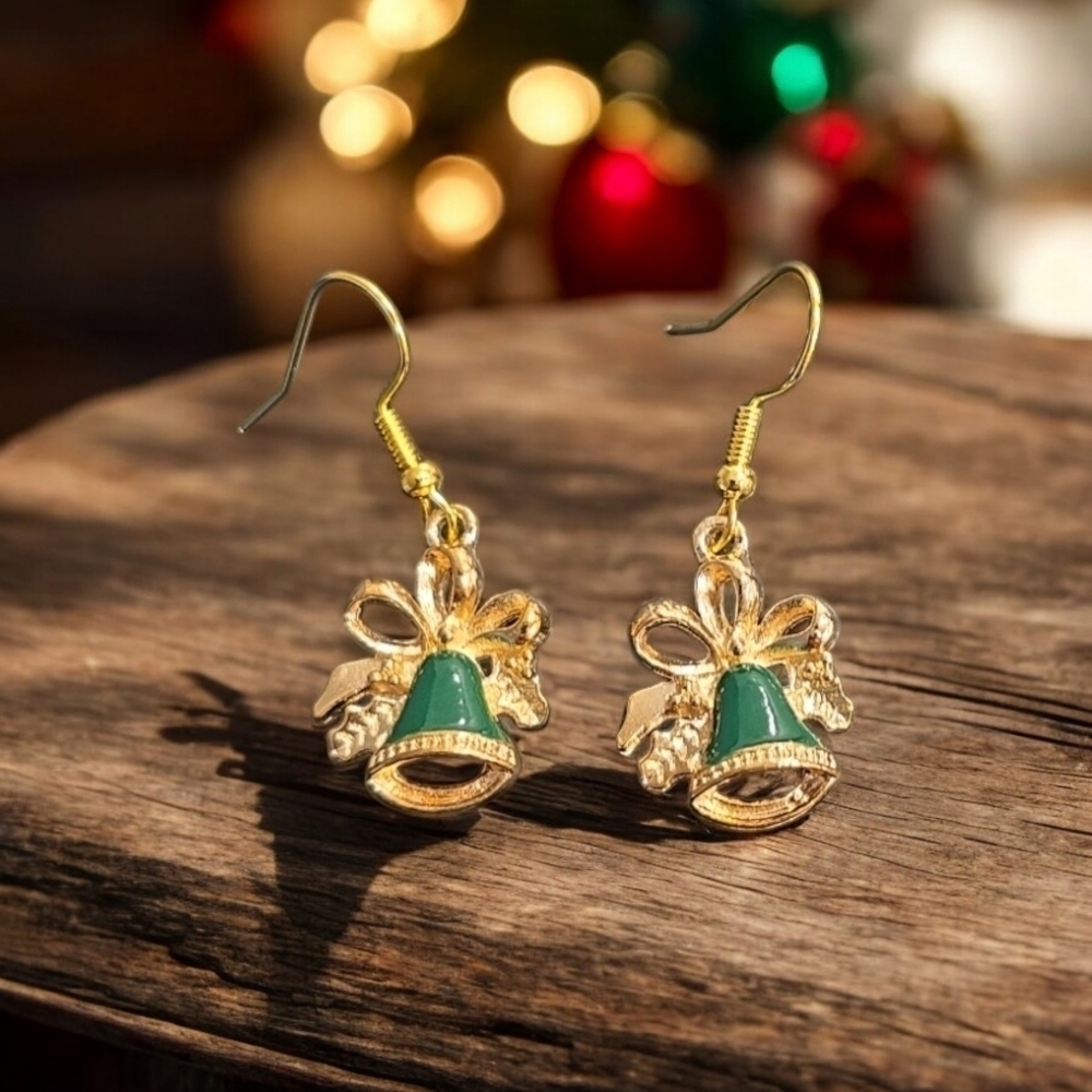 Festive Bell Ribbon Holiday Dangle Earrings